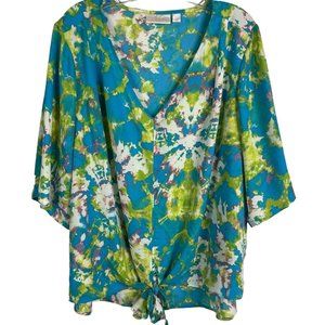 Belle by Kim Gravel Top Shirt Womens Size 2X Blue Green Short Sleeve V Neck